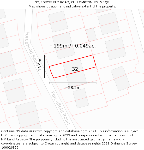 32, FORCEFIELD ROAD, CULLOMPTON, EX15 1QB: Plot and title map