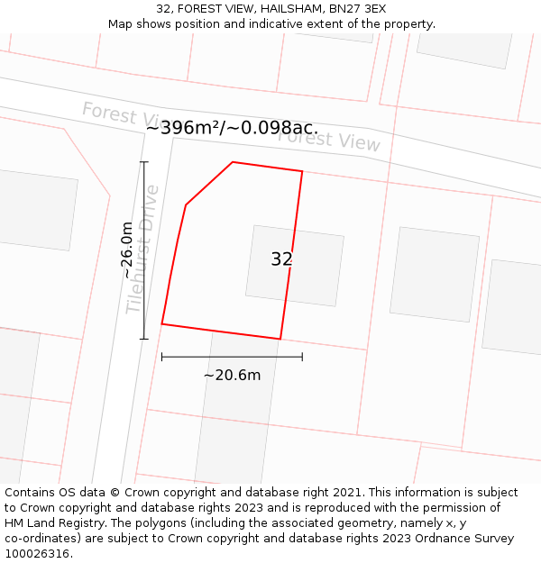 32, FOREST VIEW, HAILSHAM, BN27 3EX: Plot and title map