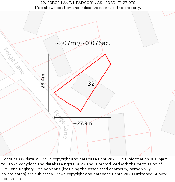 32, FORGE LANE, HEADCORN, ASHFORD, TN27 9TS: Plot and title map