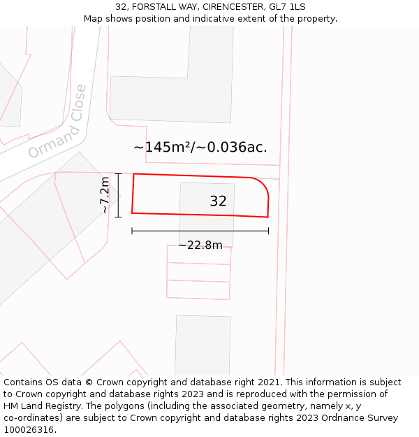 32, FORSTALL WAY, CIRENCESTER, GL7 1LS: Plot and title map