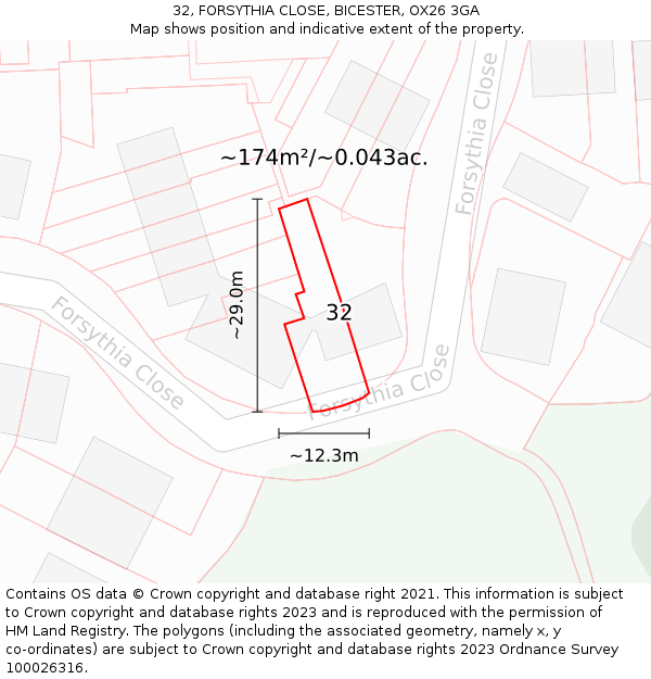 32, FORSYTHIA CLOSE, BICESTER, OX26 3GA: Plot and title map