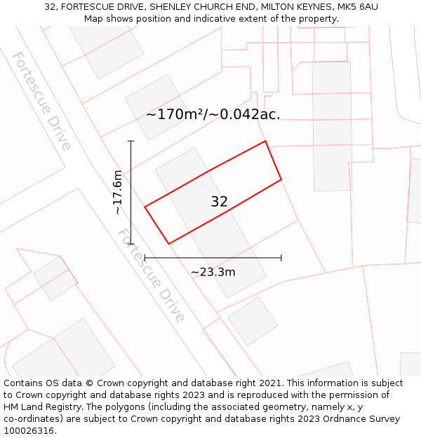 32, FORTESCUE DRIVE, SHENLEY CHURCH END, MILTON KEYNES, MK5 6AU: Plot and title map