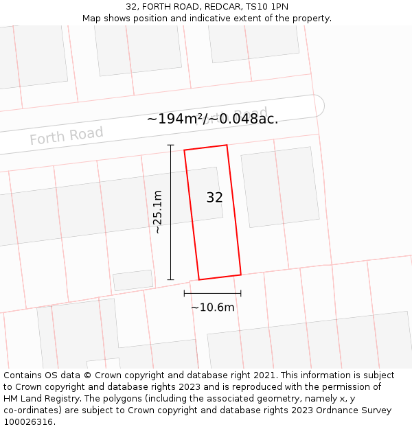 32, FORTH ROAD, REDCAR, TS10 1PN: Plot and title map