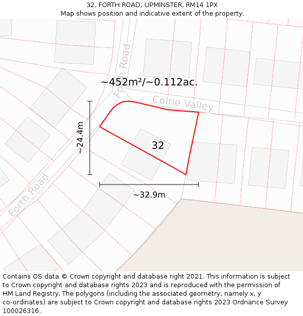 32, FORTH ROAD, UPMINSTER, RM14 1PX: Plot and title map