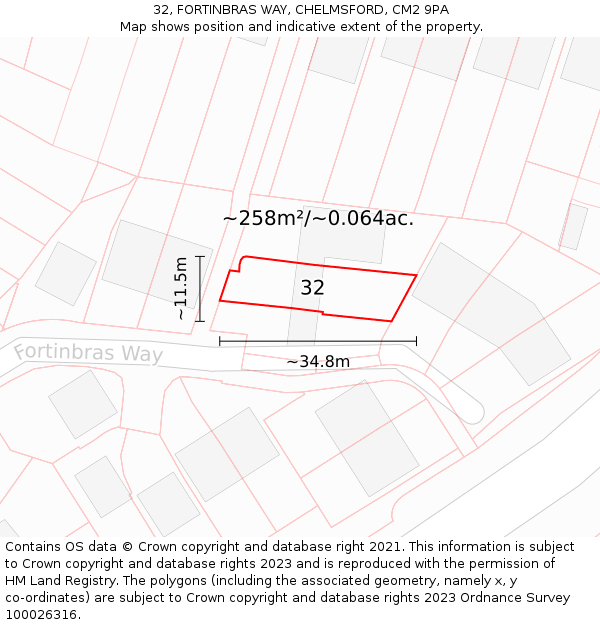 32, FORTINBRAS WAY, CHELMSFORD, CM2 9PA: Plot and title map