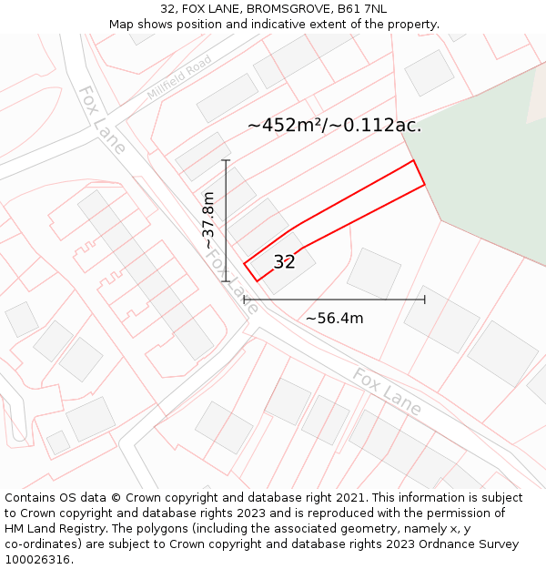 32, FOX LANE, BROMSGROVE, B61 7NL: Plot and title map