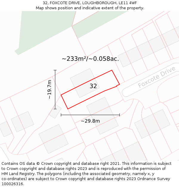 32, FOXCOTE DRIVE, LOUGHBOROUGH, LE11 4WF: Plot and title map