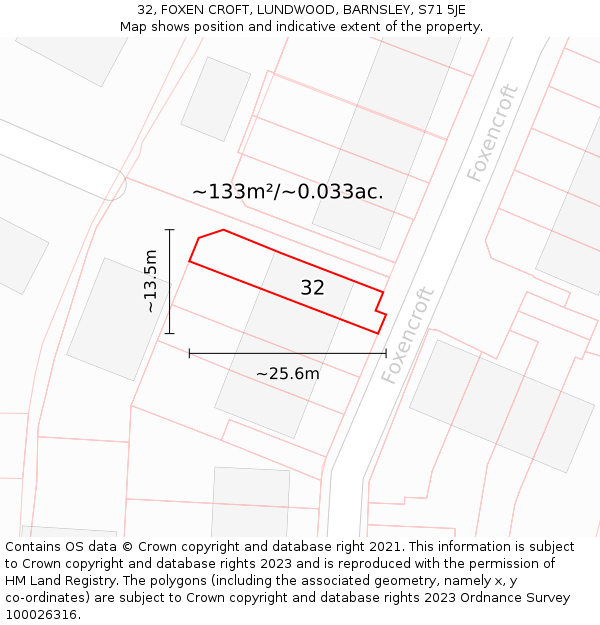 32, FOXEN CROFT, LUNDWOOD, BARNSLEY, S71 5JE: Plot and title map