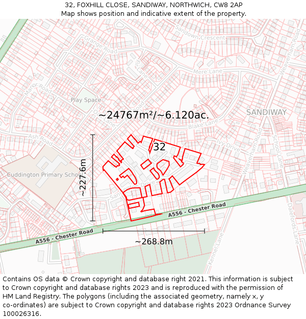 32, FOXHILL CLOSE, SANDIWAY, NORTHWICH, CW8 2AP: Plot and title map