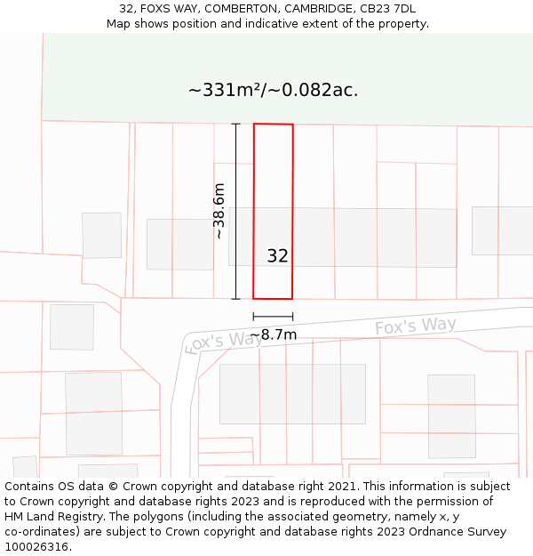 32, FOXS WAY, COMBERTON, CAMBRIDGE, CB23 7DL: Plot and title map