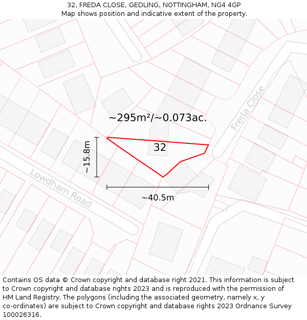 32, FREDA CLOSE, GEDLING, NOTTINGHAM, NG4 4GP: Plot and title map