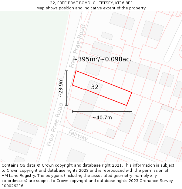 32, FREE PRAE ROAD, CHERTSEY, KT16 8EF: Plot and title map