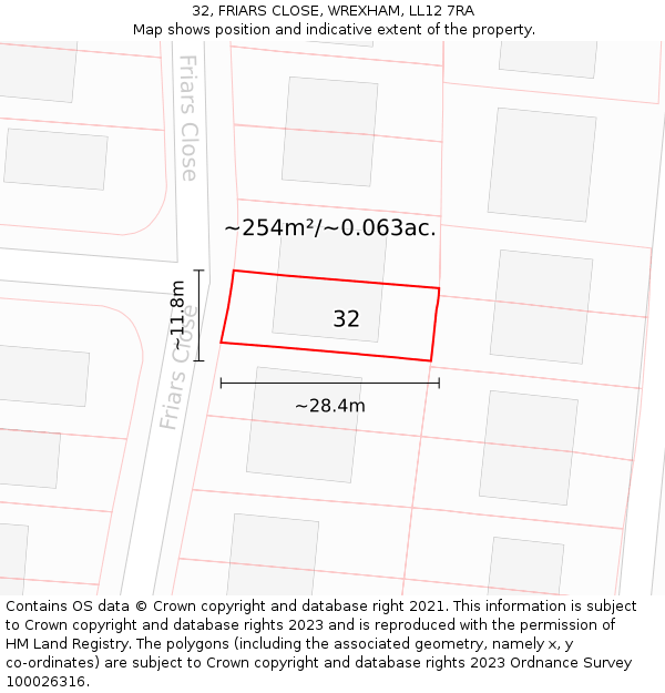 32, FRIARS CLOSE, WREXHAM, LL12 7RA: Plot and title map
