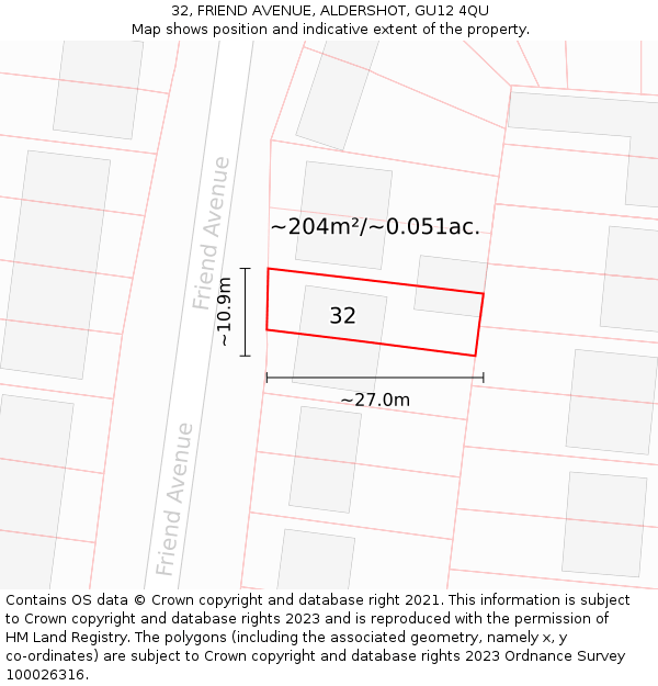 32, FRIEND AVENUE, ALDERSHOT, GU12 4QU: Plot and title map