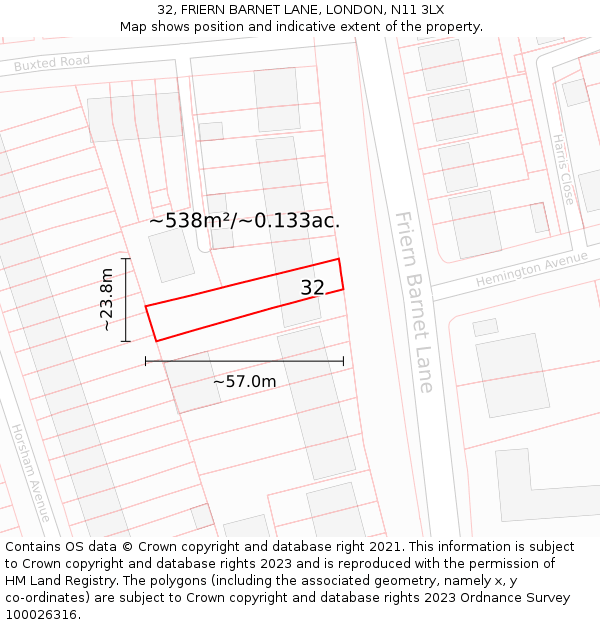 32, FRIERN BARNET LANE, LONDON, N11 3LX: Plot and title map