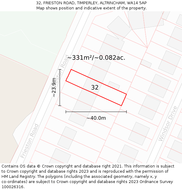 32, FRIESTON ROAD, TIMPERLEY, ALTRINCHAM, WA14 5AP: Plot and title map