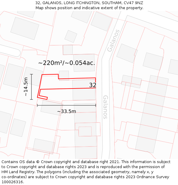 32, GALANOS, LONG ITCHINGTON, SOUTHAM, CV47 9NZ: Plot and title map