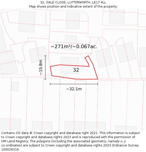 32, GALE CLOSE, LUTTERWORTH, LE17 4LL: Plot and title map