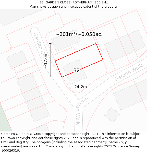 32, GARDEN CLOSE, ROTHERHAM, S60 3HL: Plot and title map