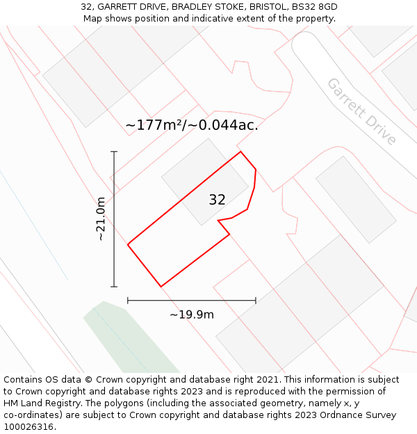 32, GARRETT DRIVE, BRADLEY STOKE, BRISTOL, BS32 8GD: Plot and title map