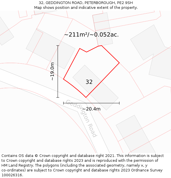 32, GEDDINGTON ROAD, PETERBOROUGH, PE2 9SH: Plot and title map