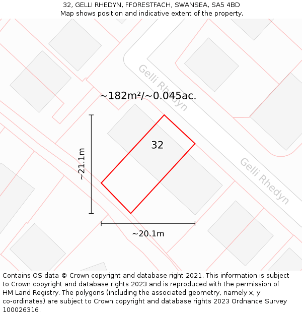 32, GELLI RHEDYN, FFORESTFACH, SWANSEA, SA5 4BD: Plot and title map