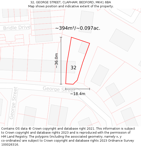 32, GEORGE STREET, CLAPHAM, BEDFORD, MK41 6BA: Plot and title map