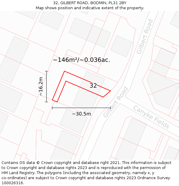 32, GILBERT ROAD, BODMIN, PL31 2BY: Plot and title map