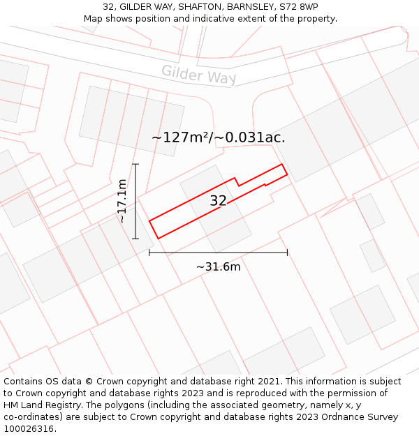 32, GILDER WAY, SHAFTON, BARNSLEY, S72 8WP: Plot and title map