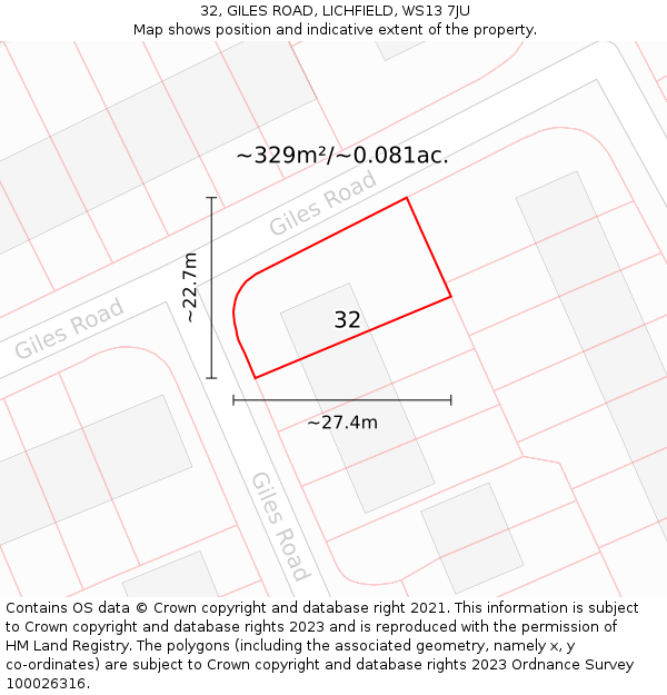 32, GILES ROAD, LICHFIELD, WS13 7JU: Plot and title map