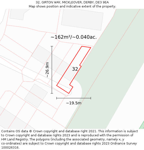 32, GIRTON WAY, MICKLEOVER, DERBY, DE3 9EA: Plot and title map