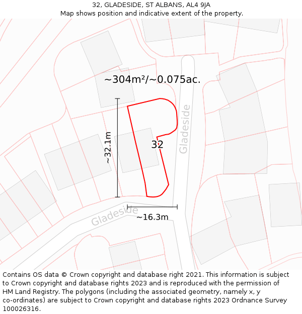 32, GLADESIDE, ST ALBANS, AL4 9JA: Plot and title map