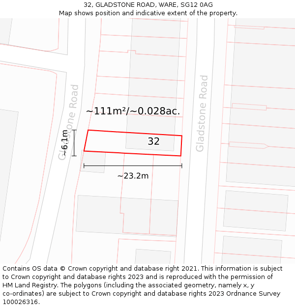 32, GLADSTONE ROAD, WARE, SG12 0AG: Plot and title map