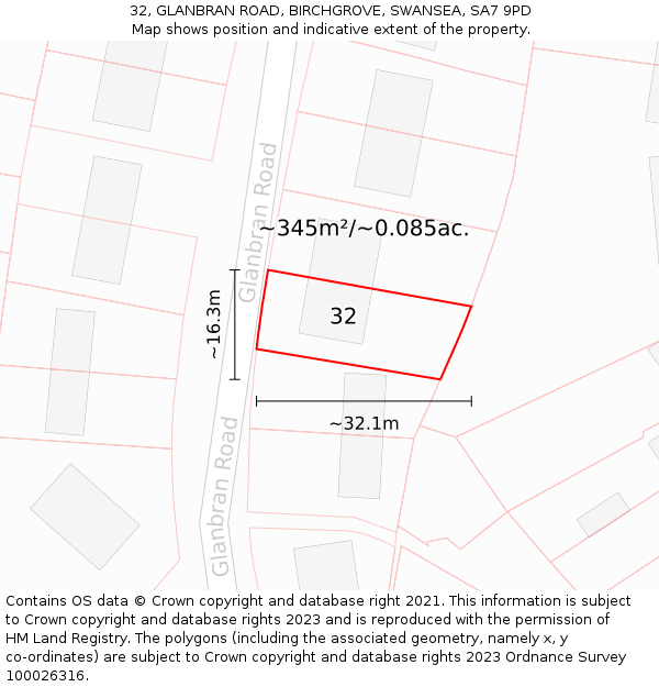 32, GLANBRAN ROAD, BIRCHGROVE, SWANSEA, SA7 9PD: Plot and title map
