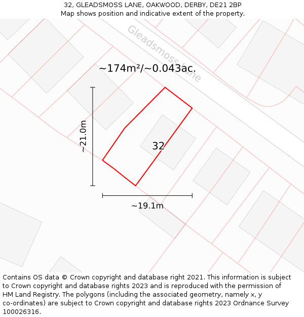 32, GLEADSMOSS LANE, OAKWOOD, DERBY, DE21 2BP: Plot and title map
