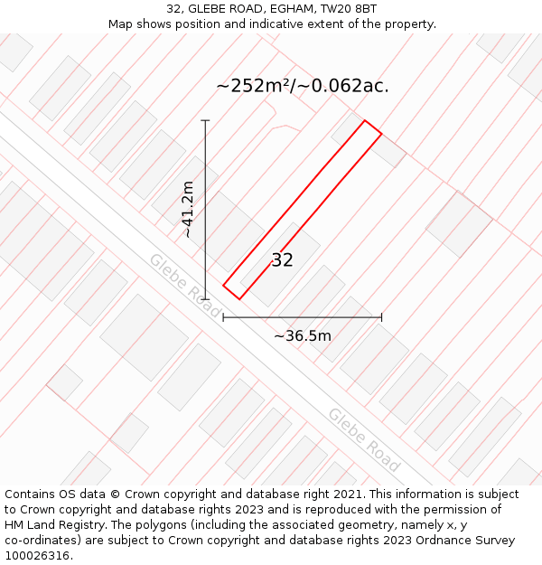 32, GLEBE ROAD, EGHAM, TW20 8BT: Plot and title map