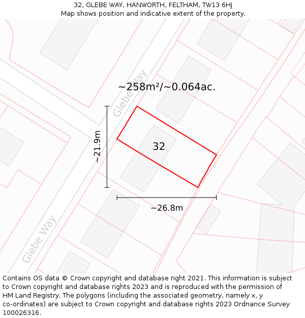 32, GLEBE WAY, HANWORTH, FELTHAM, TW13 6HJ: Plot and title map