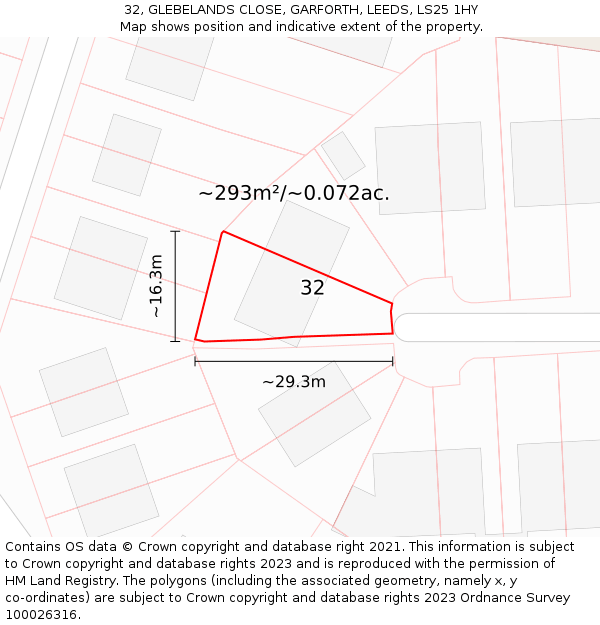 32, GLEBELANDS CLOSE, GARFORTH, LEEDS, LS25 1HY: Plot and title map