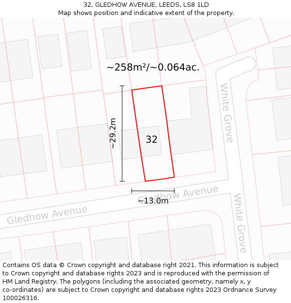 32, GLEDHOW AVENUE, LEEDS, LS8 1LD: Plot and title map
