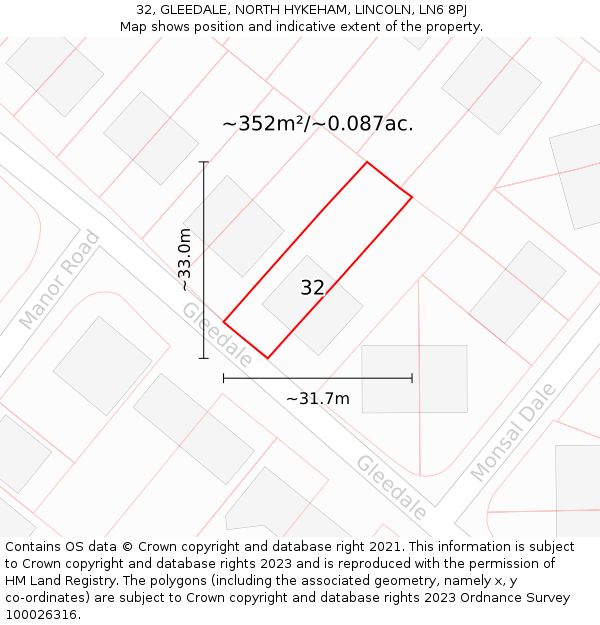 32, GLEEDALE, NORTH HYKEHAM, LINCOLN, LN6 8PJ: Plot and title map