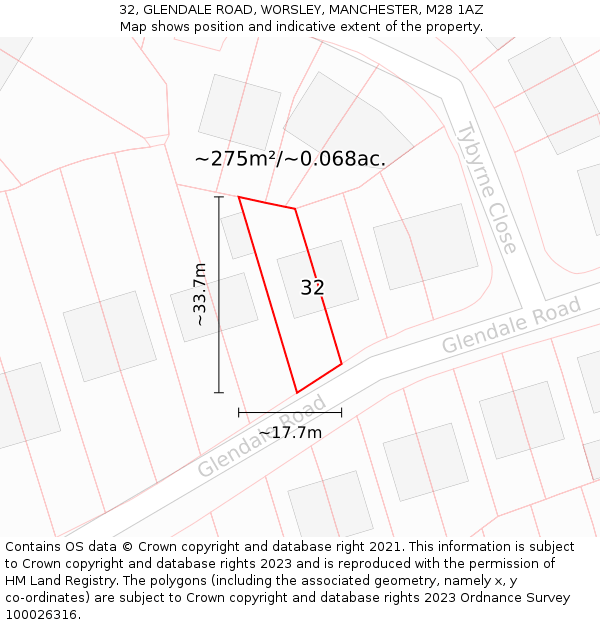 32, GLENDALE ROAD, WORSLEY, MANCHESTER, M28 1AZ: Plot and title map