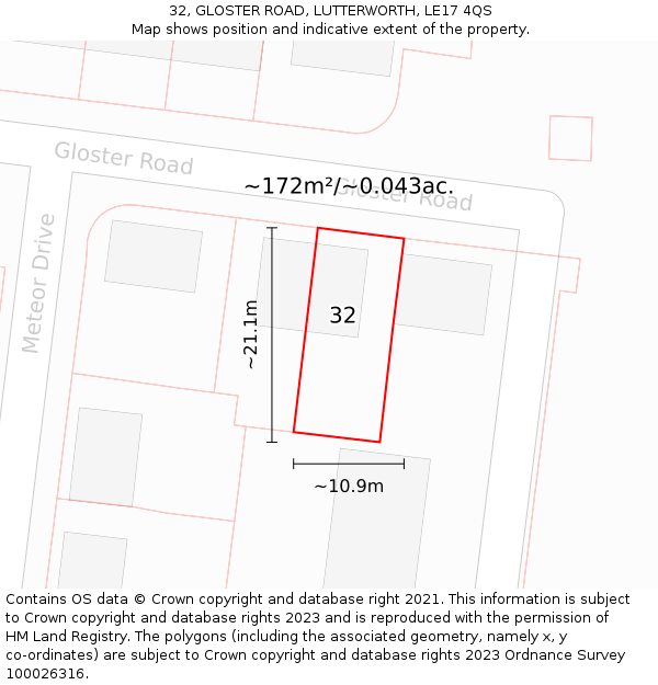32, GLOSTER ROAD, LUTTERWORTH, LE17 4QS: Plot and title map