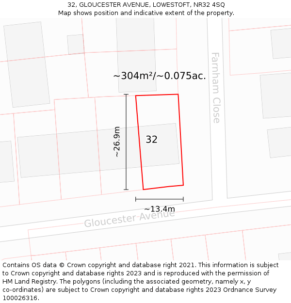 32, GLOUCESTER AVENUE, LOWESTOFT, NR32 4SQ: Plot and title map