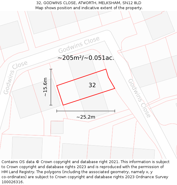 32, GODWINS CLOSE, ATWORTH, MELKSHAM, SN12 8LD: Plot and title map