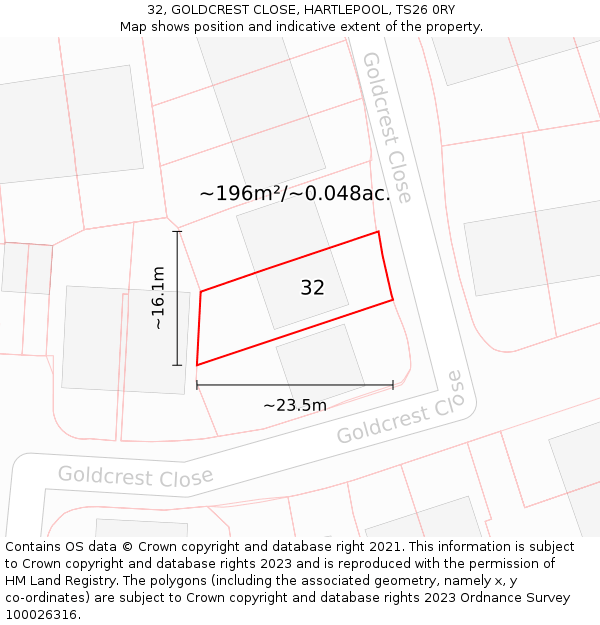 32, GOLDCREST CLOSE, HARTLEPOOL, TS26 0RY: Plot and title map