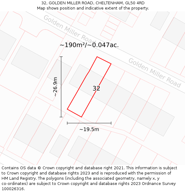 32, GOLDEN MILLER ROAD, CHELTENHAM, GL50 4RD: Plot and title map