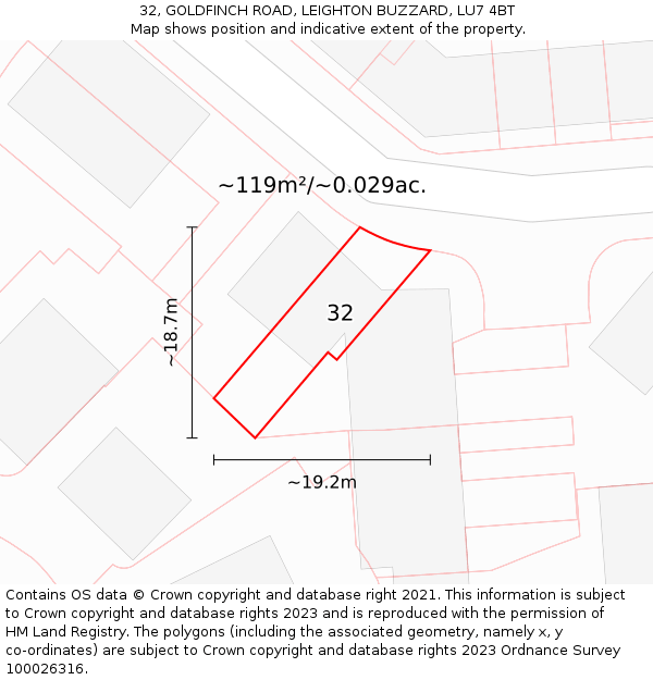 32, GOLDFINCH ROAD, LEIGHTON BUZZARD, LU7 4BT: Plot and title map