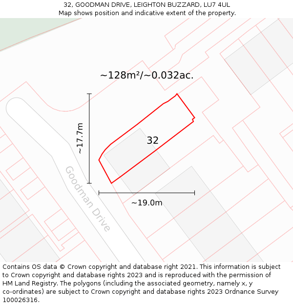 32, GOODMAN DRIVE, LEIGHTON BUZZARD, LU7 4UL: Plot and title map