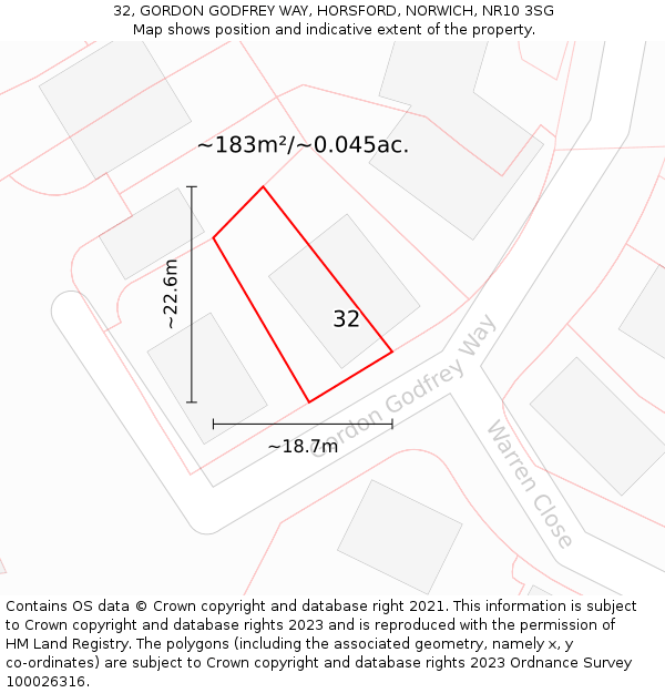 32, GORDON GODFREY WAY, HORSFORD, NORWICH, NR10 3SG: Plot and title map