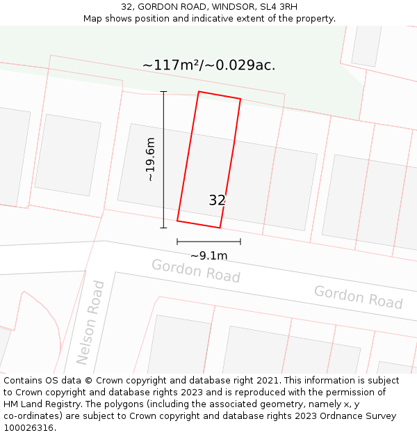 32, GORDON ROAD, WINDSOR, SL4 3RH: Plot and title map